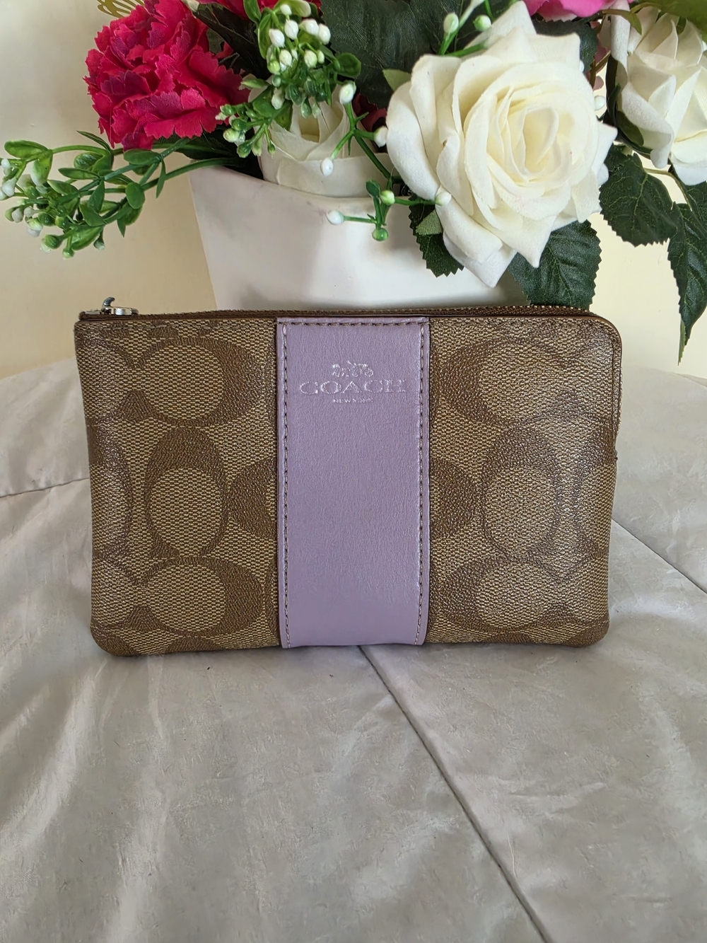 COACH Signature Canvas Wristlet with Lilac Leather Stripe